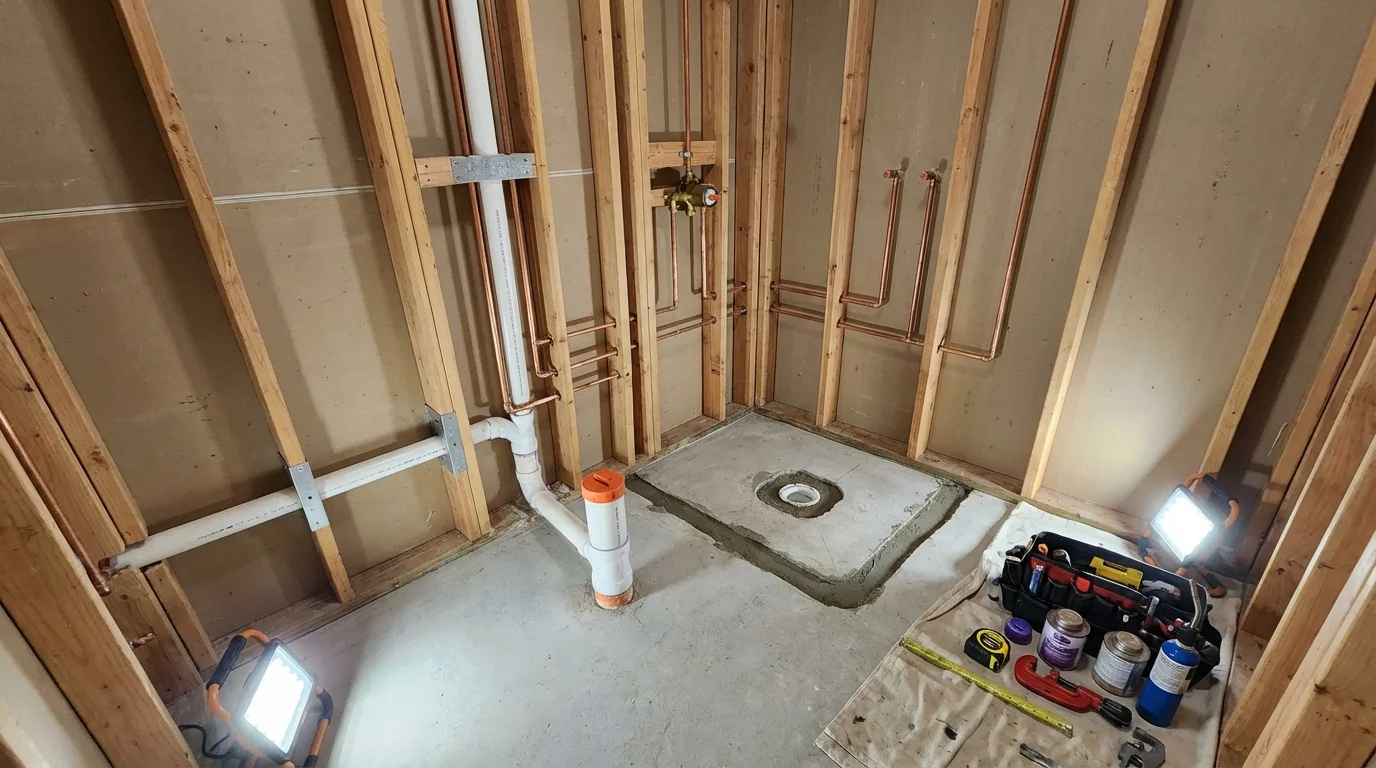 Bathroom rough-in plumbing during remodel by Johns Plumbing LLC in Roxana
