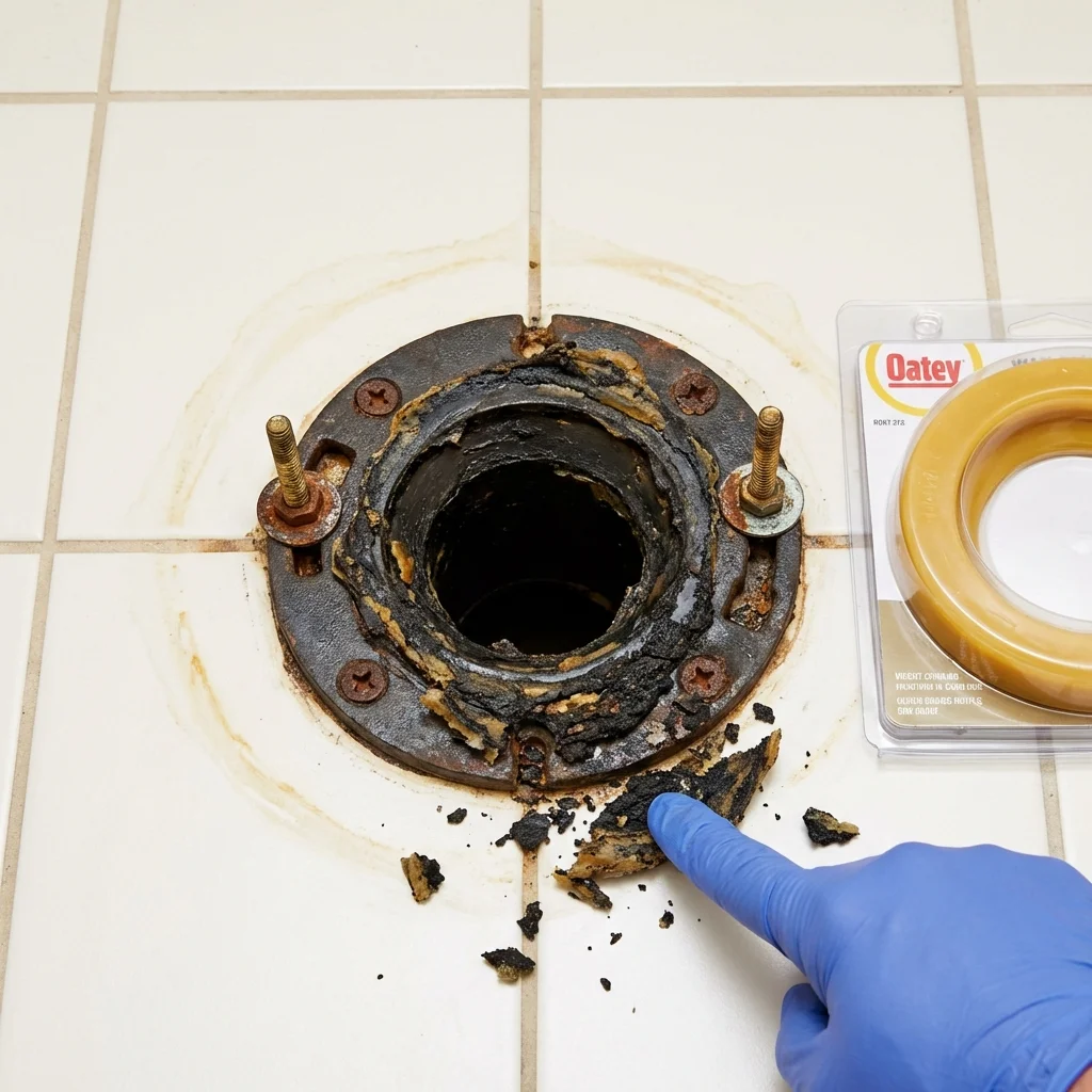 Failed wax ring showing water seepage at the base of a toilet in a Roxana, IL home
