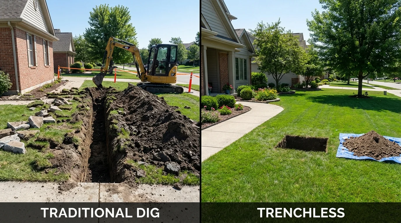 Trenchless sewer repair with minimal yard damage versus traditional excavation in Roxana, IL