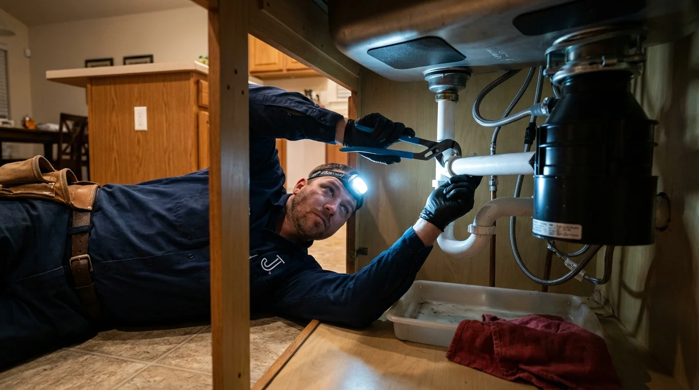 P-trap and supply line connections under a kitchen sink showing a common leak point in Roxana, IL